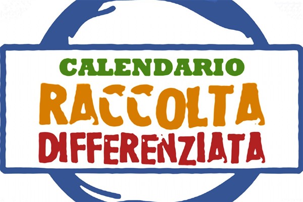 Su sfondo bianco un cerchio blu con al centro un riquadro dal bordo blu recante la scritta "Calendario Raccolta Differenziata" rispettivamente in verde, arancione e rosso.