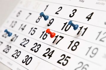 Un calendario mensile con alcuni giorni segnati da 3 spilli blu ed uno spillo rosso.
